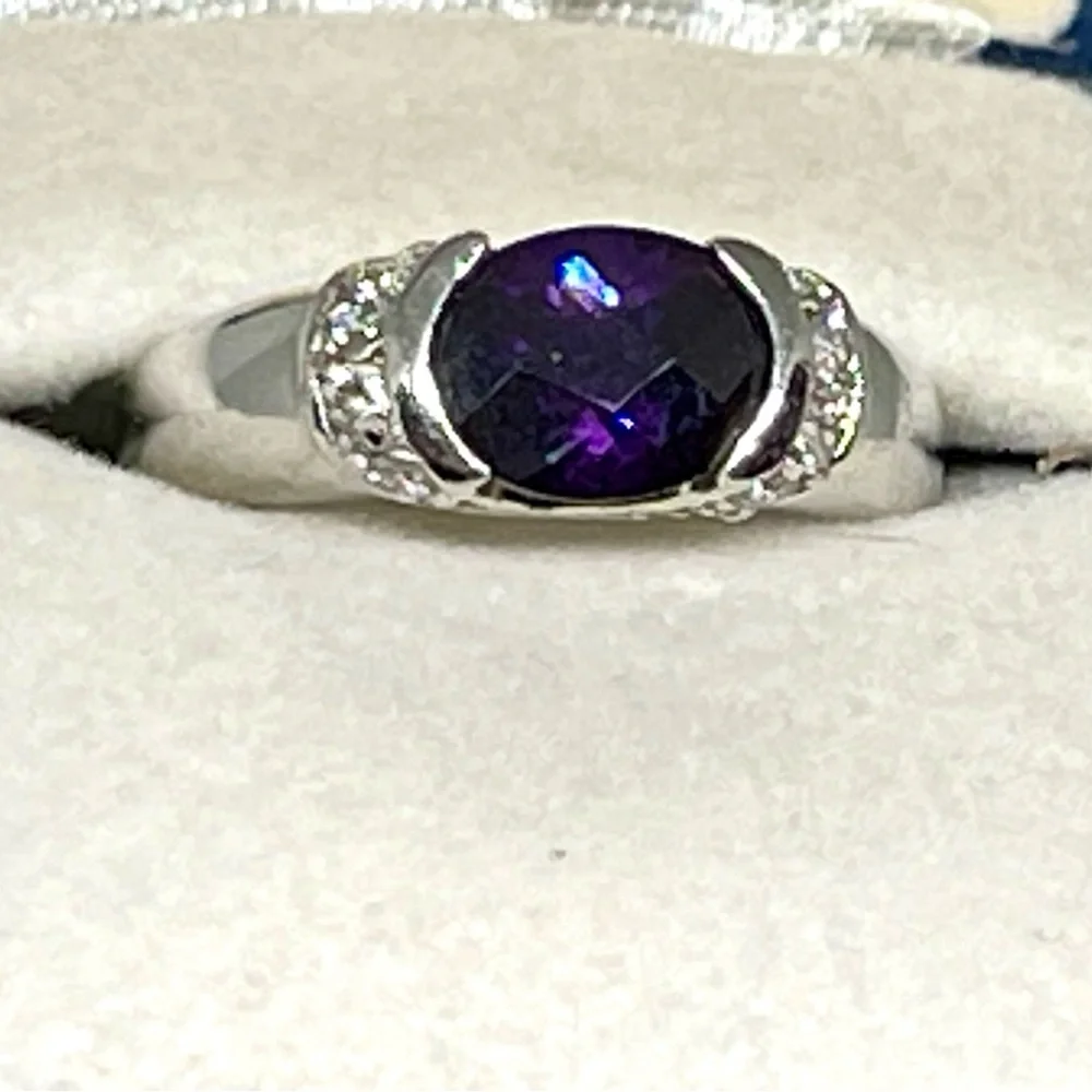 925 Real Amethyst Diamond Sterling Faceted Ring Sz 8